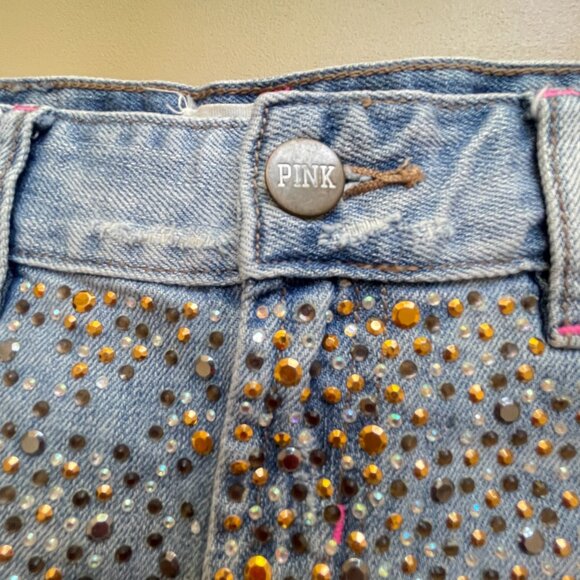 Victoria's Secret Pink Shorts 2 Blue Denim Jean Crystals Studs Distressed - Picture 2 of 9